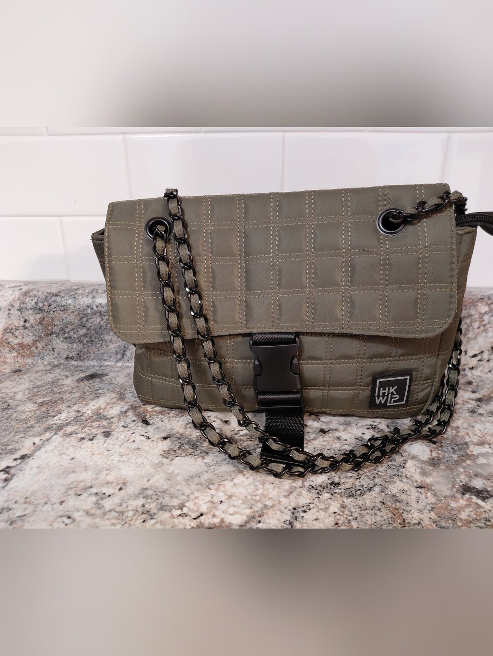 Ihkwip Quilted Convertible Olive Green Quilted Chain Shoulder Bag